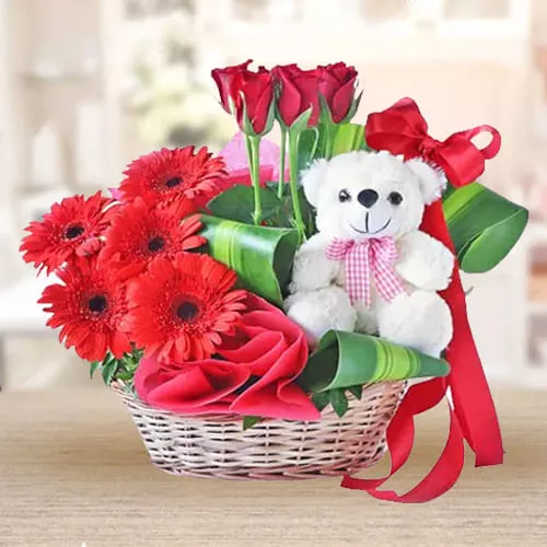 Breath taking Red Gerberas and Roses Basket with Cute Teddy