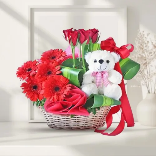 Order Red Gerberas and Roses Basket with Cute Teddy