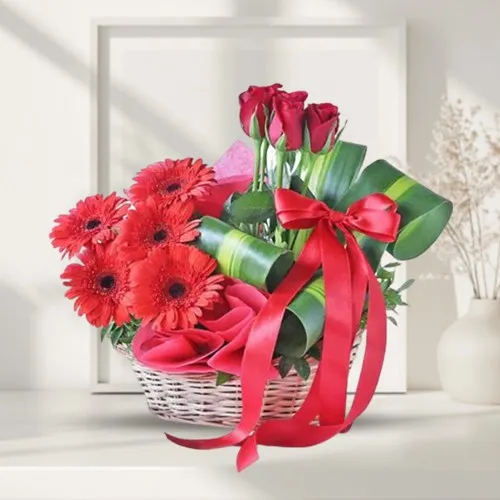 Shop Basket Arrangement of Red Gerberas N Roses