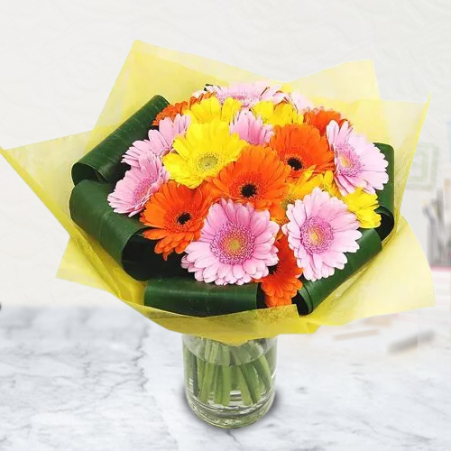 Glorious Tissue Wrapped Assorted Gerberas in Round Glass Vase