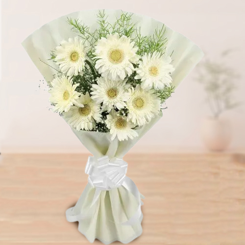 Graceful Bouquet of White Gerberas in Tissue Wrap