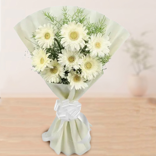 Deliver Bouquet of White Gerberas in Tissue Wrap