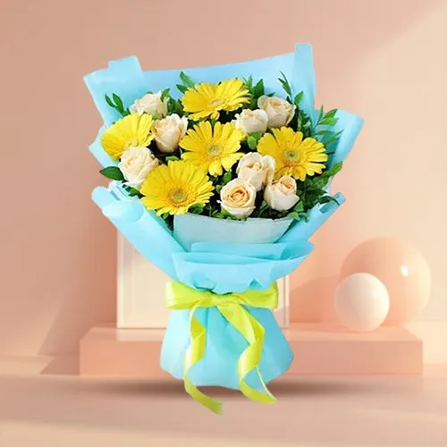 Order Tissue Wrap Bouquet of White Roses n Yellow Gerberas