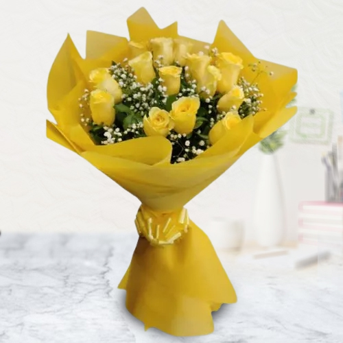 Deliver Tissue Wrapped Yellow Rose with baby breath filler Bouquet