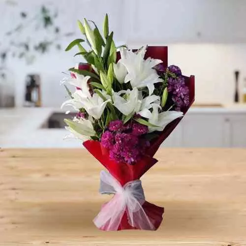 Mesmerizing Bouquet of White Asiatic Lily with Purple Chrysanthemum