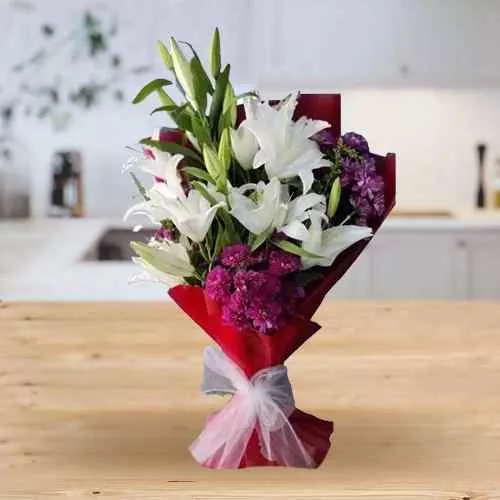 Sending Bouquet of White Asiatic Lily with Purple Chrysanthemum