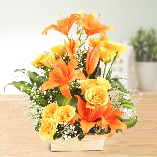 Gorgeous Arrangement of Orange Lily with Yellow Roses