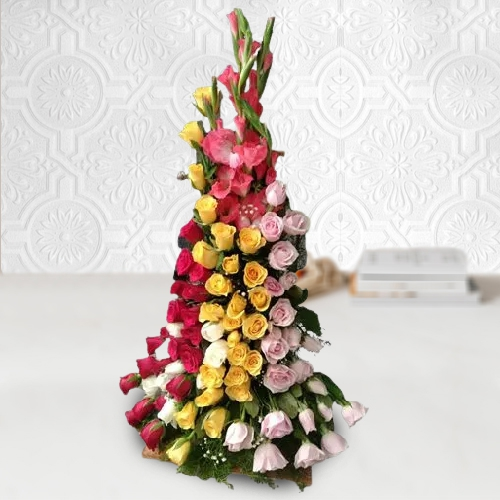 Artistic Tall Arrangement of Assorted Roses N Gladiolus