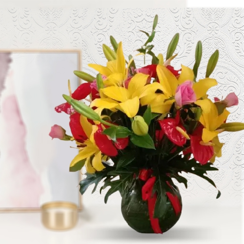 Ship Gorgeous Pot of Red Anthurium N Yellow Lily