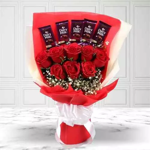 Designer Red Roses Bouquet with Dairy Milk Chocolates
