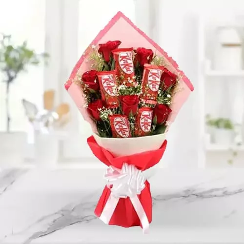 Send Red Roses N KitKat Chocolate Tissue Wrapped Bouquet