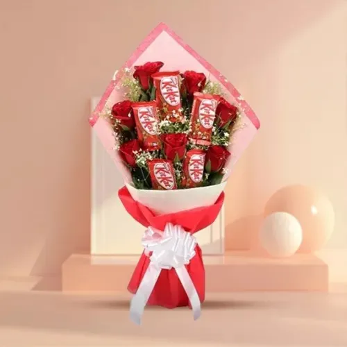 Send Red Roses N KitKat Chocolate Tissue Wrapped Bouquet