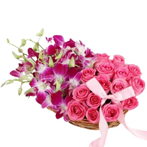 Shop Classic Purple Orchids N Pink Roses Basket Arrangement