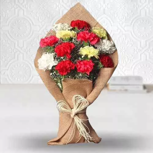 Sending Mixed Carnation Bouquet Wrapped with Jute for Mothers Day 