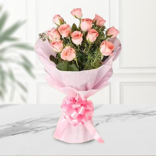 12 Pink Roses Bouquet Tissue Wrap