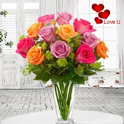 24 Assorted Colour Roses in Vase