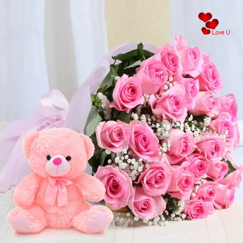Send Pink Roses Bouquet N Teddy for Hug Day
