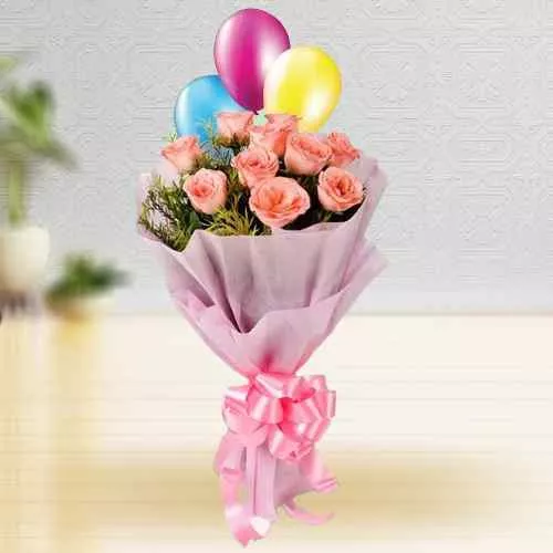 Special Pink Roses Bouquet with Balloons