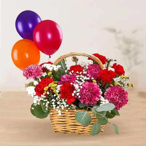 Charming Best Wishes Mixed Carnations Basket with Balloons