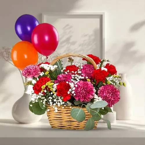 Charming Best Wishes Mixed Carnations Basket with Balloons