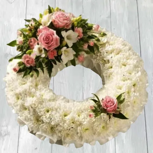 Wreath of Pink Roses n White Carnations