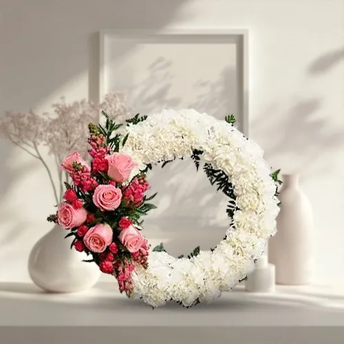 Wreath of Pink Roses n White Carnations