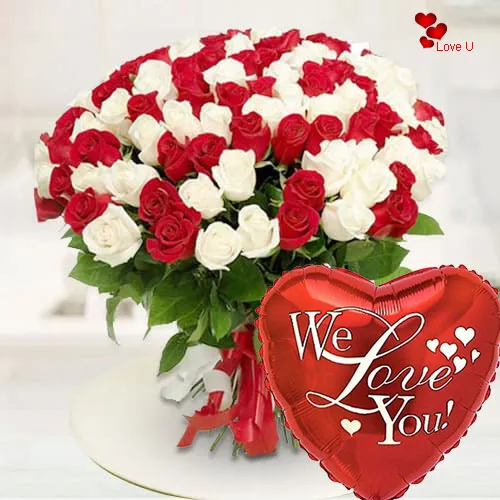 V-Day Gift of Red N White Roses Bouquet