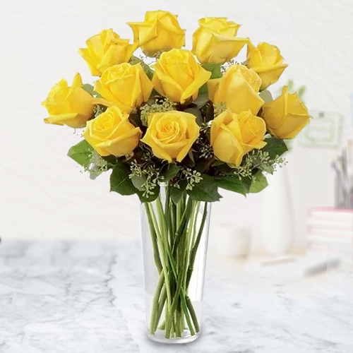 Magical Assemble of Yellow Roses in a Glass Vase