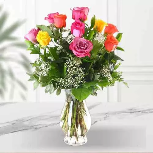 Artistically Arranged Colorful Roses in a Vase