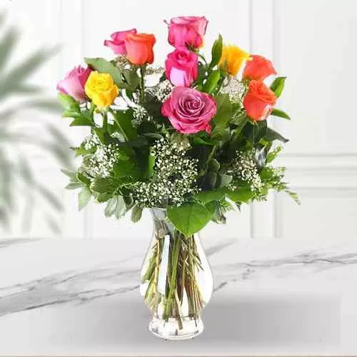 Multicolored Roses in a Glass Vase