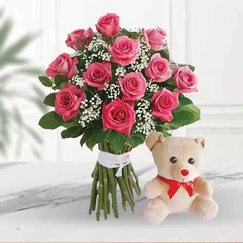 Combo of Pink Roses Bunch N Teddy