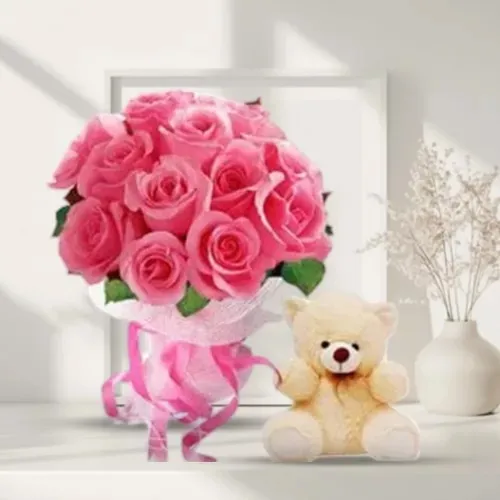 Send Pink Roses Bunch with Teddy Bear 