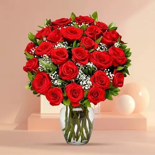 Display of Long Stem Red Roses in a Vase