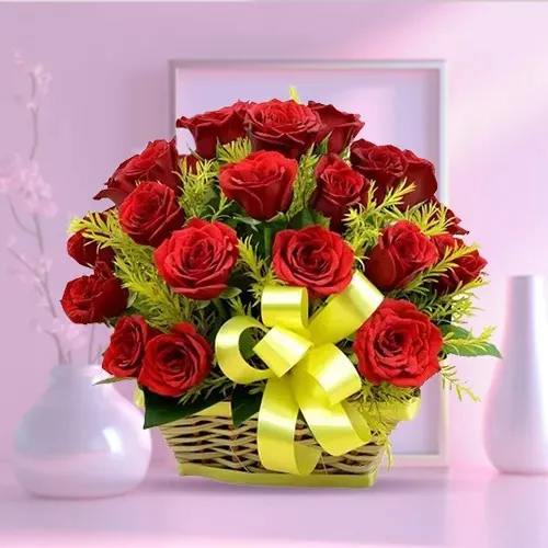 Ever Budding Romance with Red Roses in a Basket 