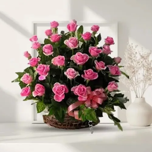 Romantic Assortment of Pink Roses in a Basket