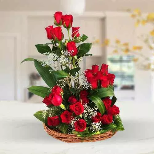 Flowering Basket Arrangement of 25 Dutch Red Roses