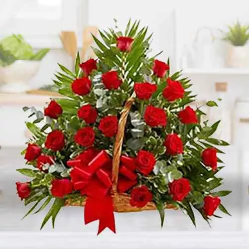Exotic Selection of 48 Red Color Roses in a Basket