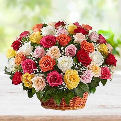 Stylish Collection of Mixed Coloured Roses in Basket