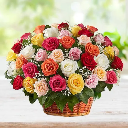 Buy Mixed Colored Roses in Cane Basket