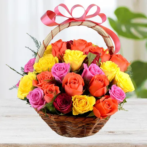 Wonderful Mix Coloured Roses Collection in Basket