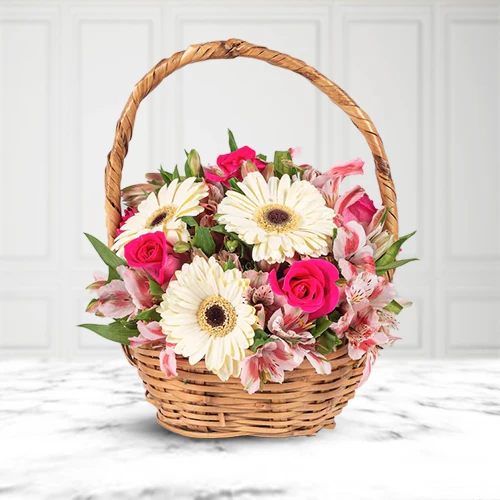 Pretty Mixed Flowers Basket Arrangement