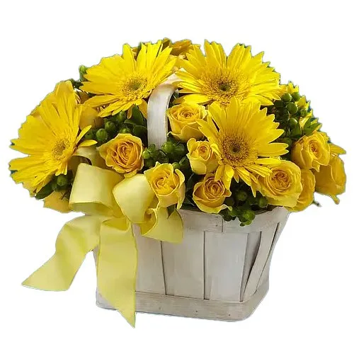 Charming Basket of Yellow Gerberas N Roses