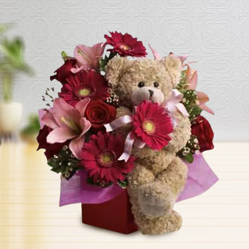 Lovely Mixed Flowers Arrangement N Teddy