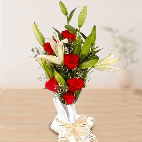 Dark Red Roses N Lilies Bouquet