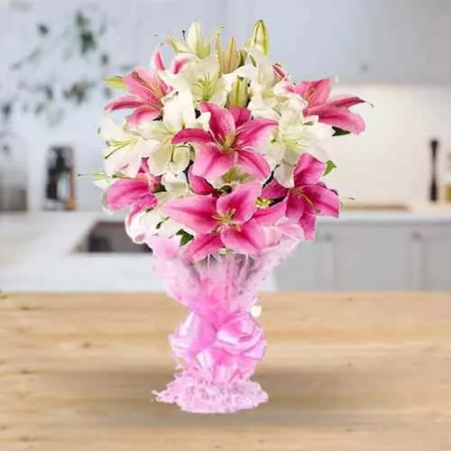 Elegant Looking Bouquet of 10 Pink & White Lilies
