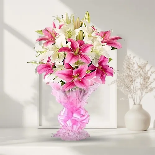 Elegant Looking Bouquet of 10 Pink & White Lilies with 1 cadbury Silk & 6 inch Teddy