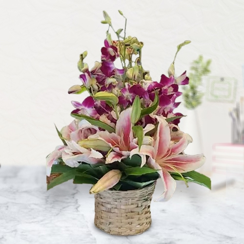 Special Pink Oriental Lilies n Purple Orchids Arrangement
