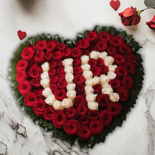 Breathtaking Red Rose Heart Shape Arrangement (Inscribed Alphabet as per choice)