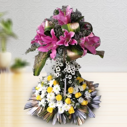 Sending Two Tier Arrangement of Lilies, Roses N Chrysanthemum