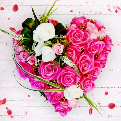 Send Designer Heart Shaped Arrangement of Pink N White Roses